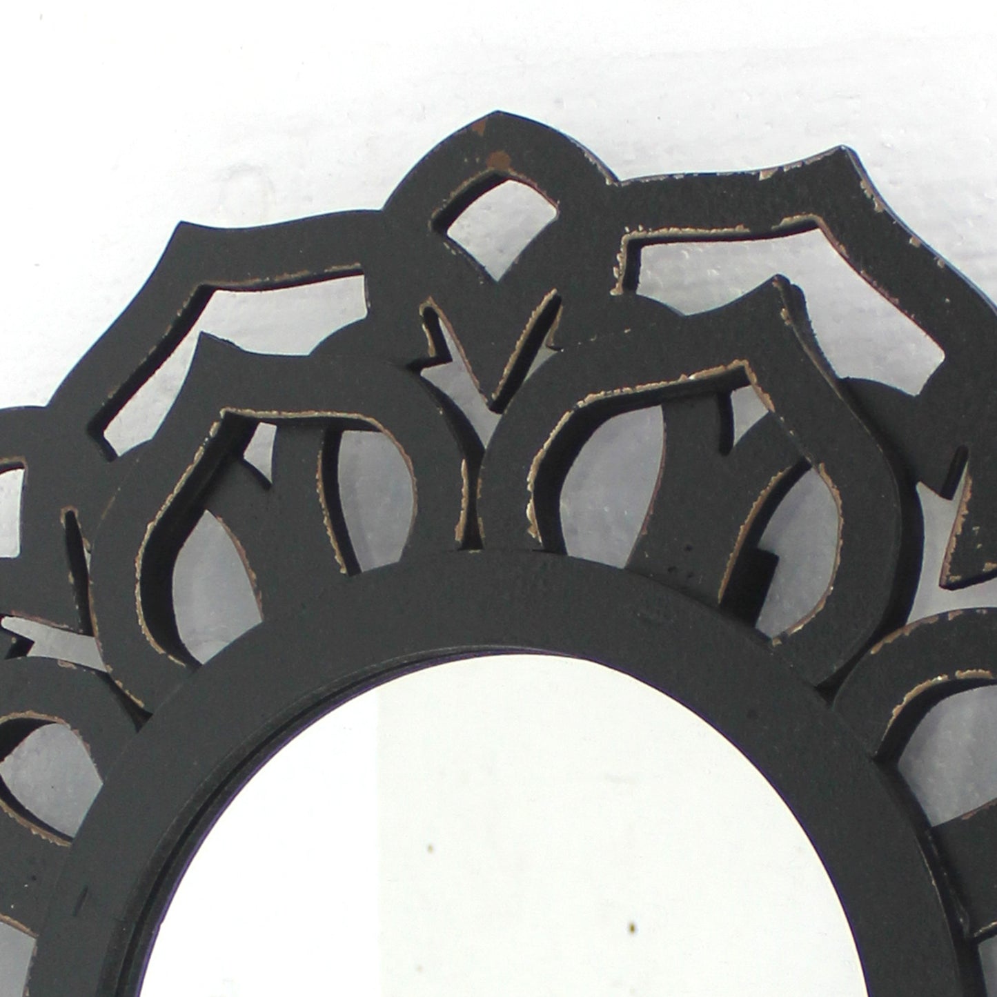 Wooden Mirror Blooming Lotus Wall Decor With Floral Engraving Black