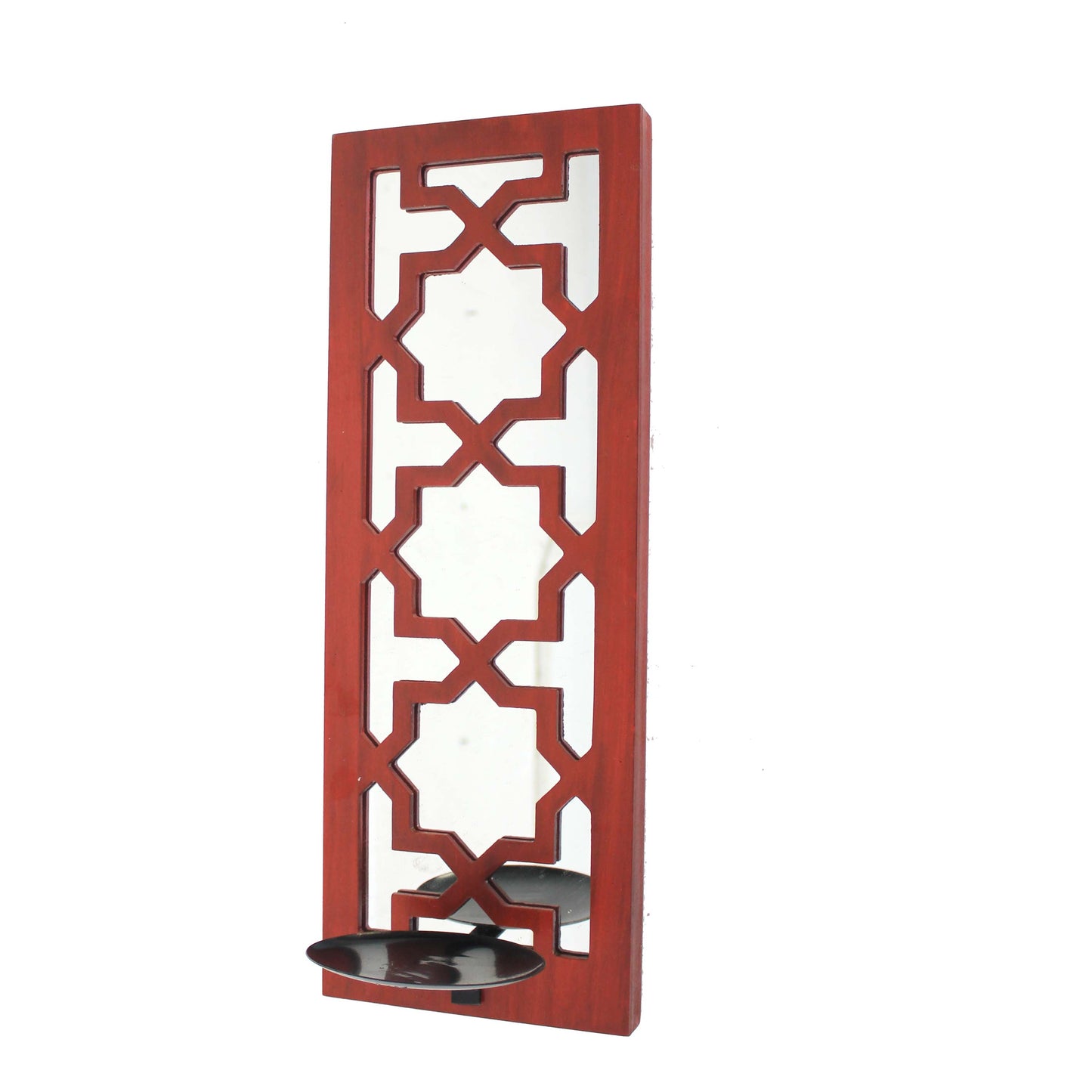17 Inch Mirrored Wall Art Candle Holder Sconce Lattice Design Red