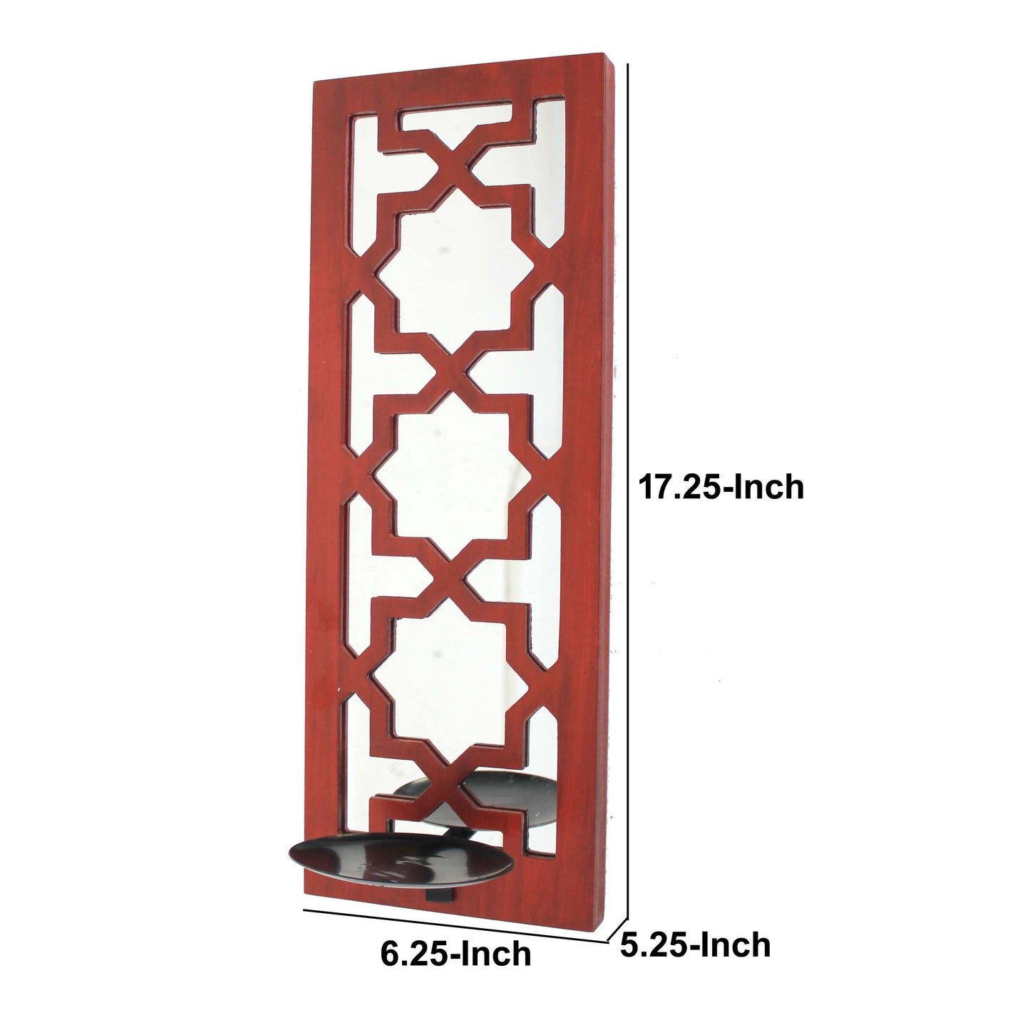 17 Inch Mirrored Wall Art Candle Holder Sconce Lattice Design Red
