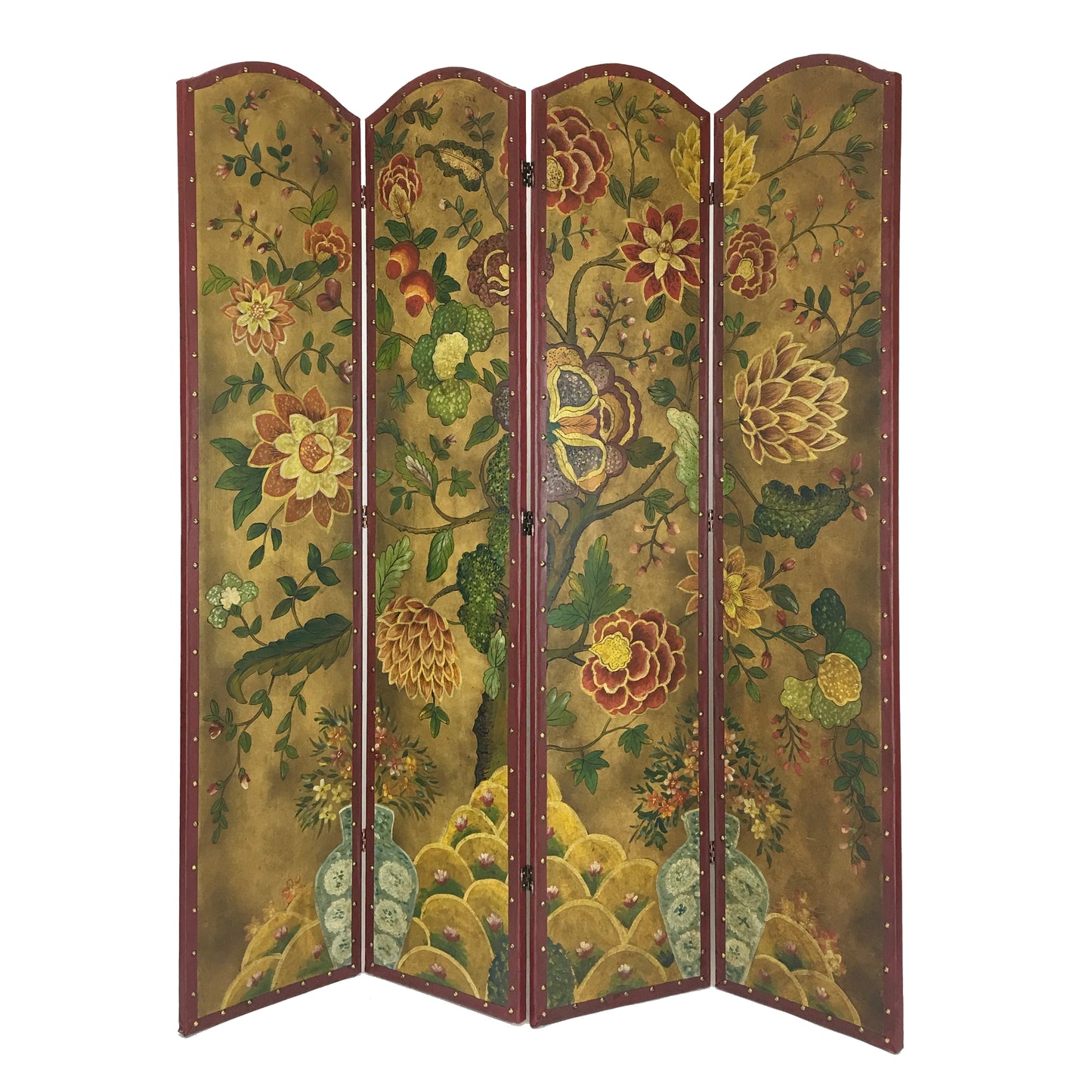 Wooden Double Sided 4 Panel Room Divider with Floral Motifs, Multicolor