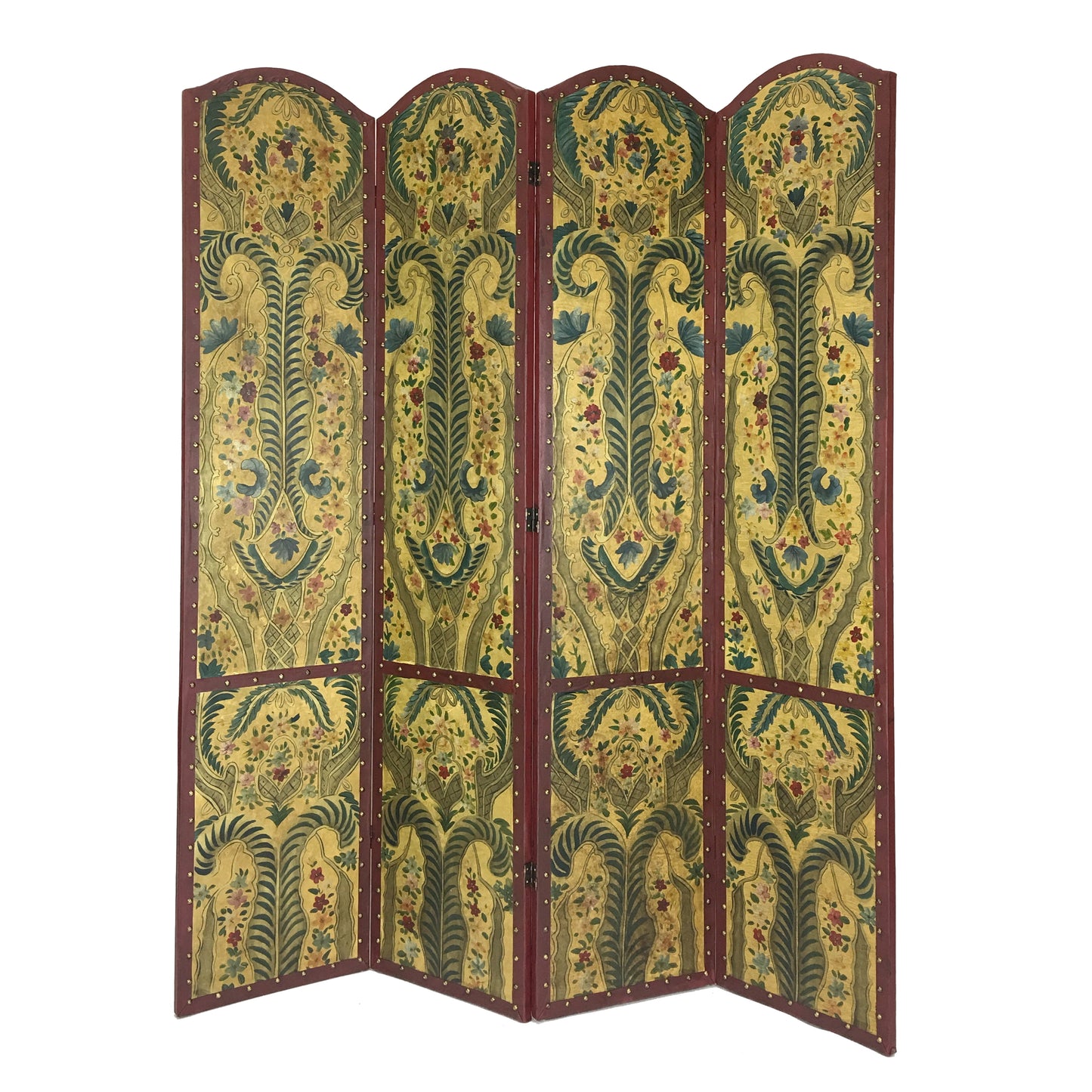 Wooden Double Sided 4 Panel Room Divider with Floral Motifs, Multicolor
