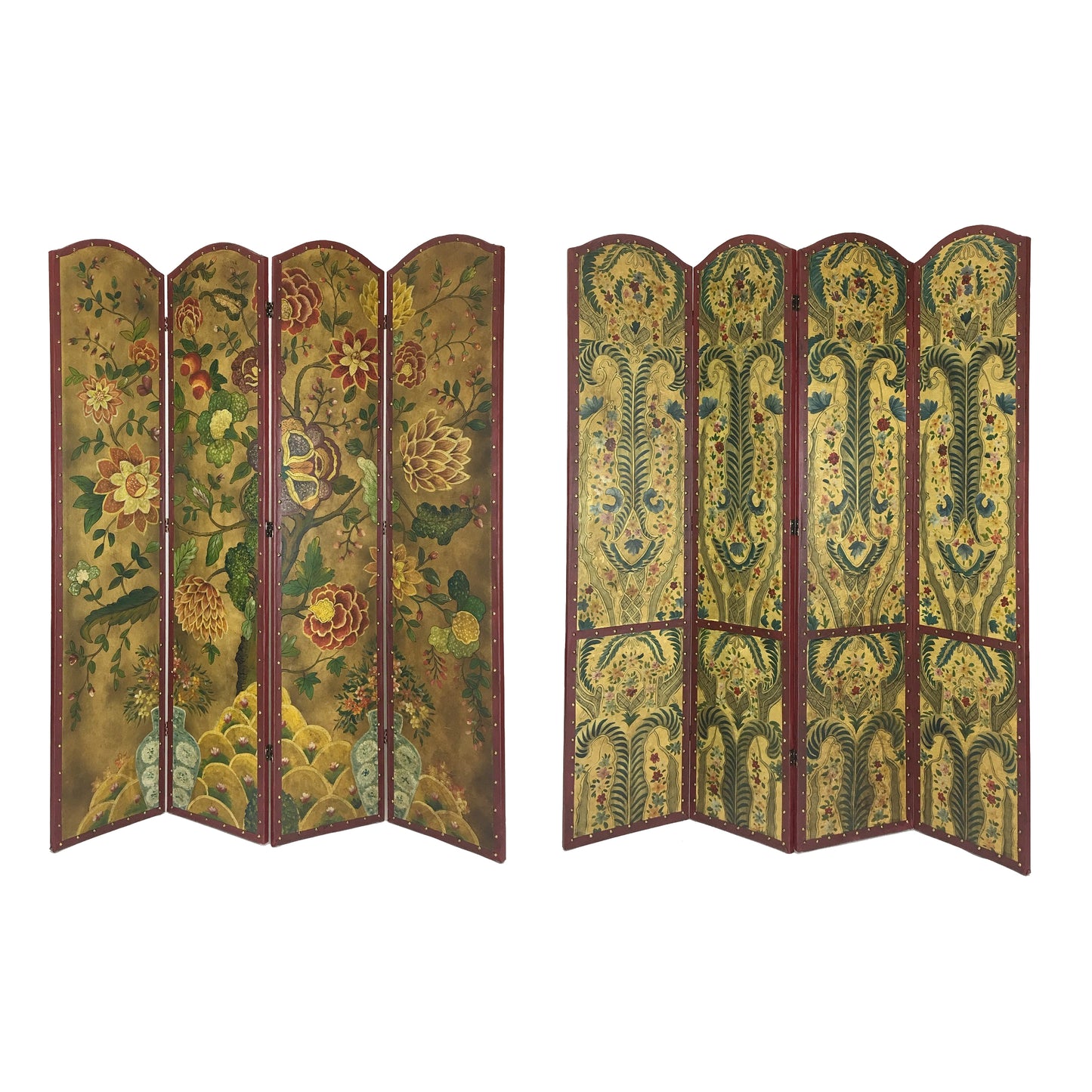 Wooden Double Sided 4 Panel Room Divider with Floral Motifs, Multicolor