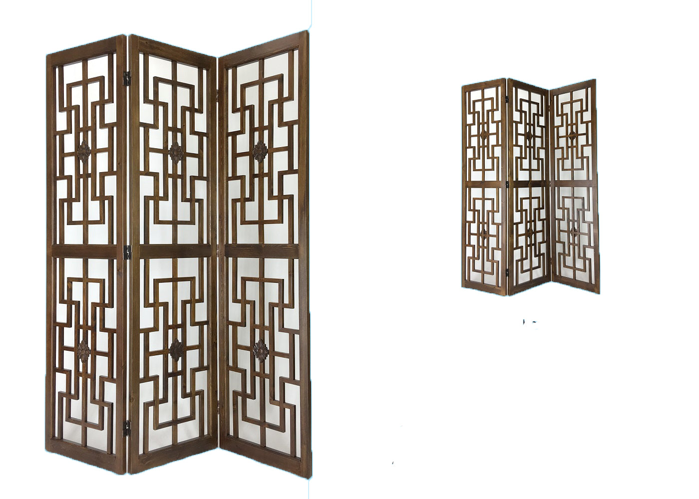Wooden 3 Panel Room Divider with Intricate Square Design, Brown