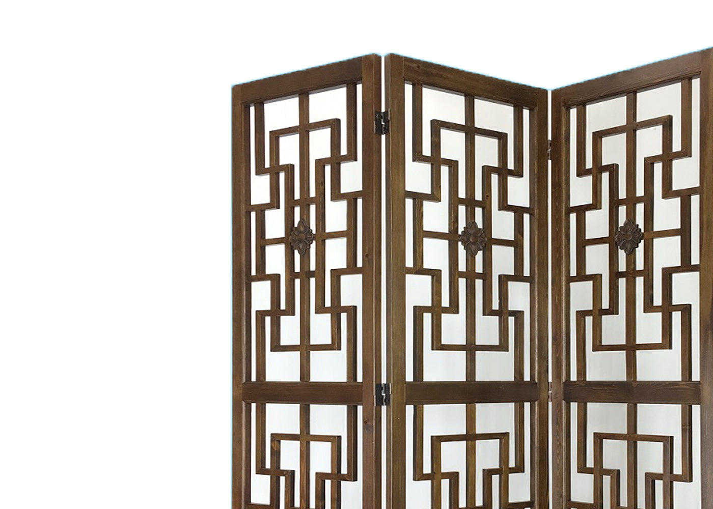 Wooden 3 Panel Room Divider with Intricate Square Design, Brown
