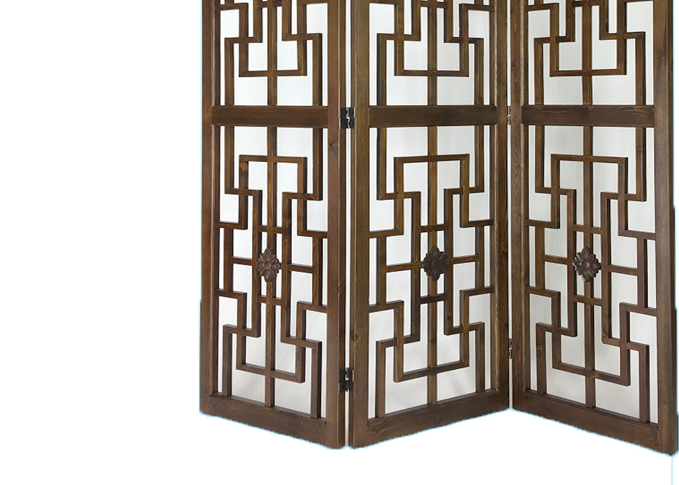 Wooden 3 Panel Room Divider with Intricate Square Design, Brown
