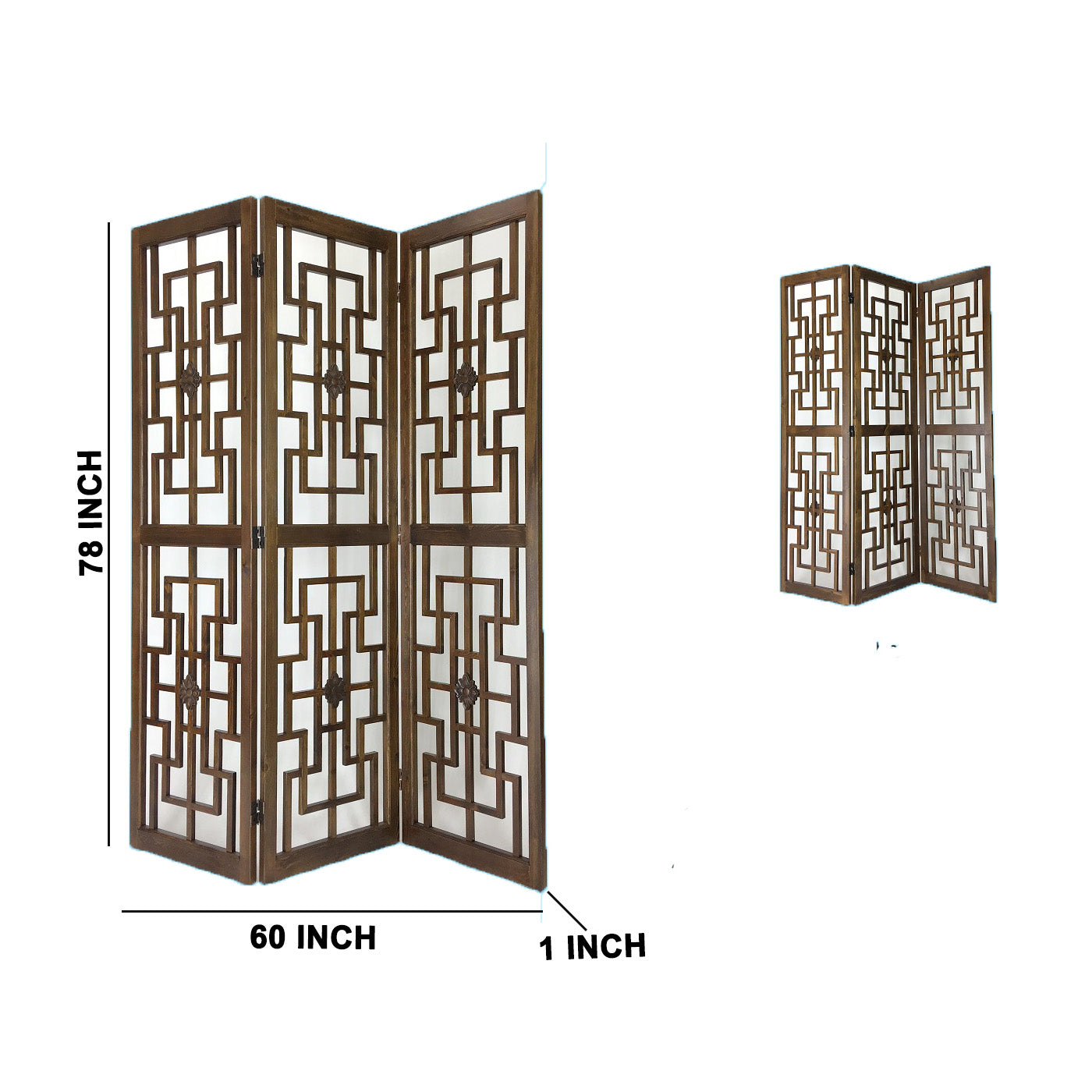 Wooden 3 Panel Room Divider with Intricate Square Design, Brown