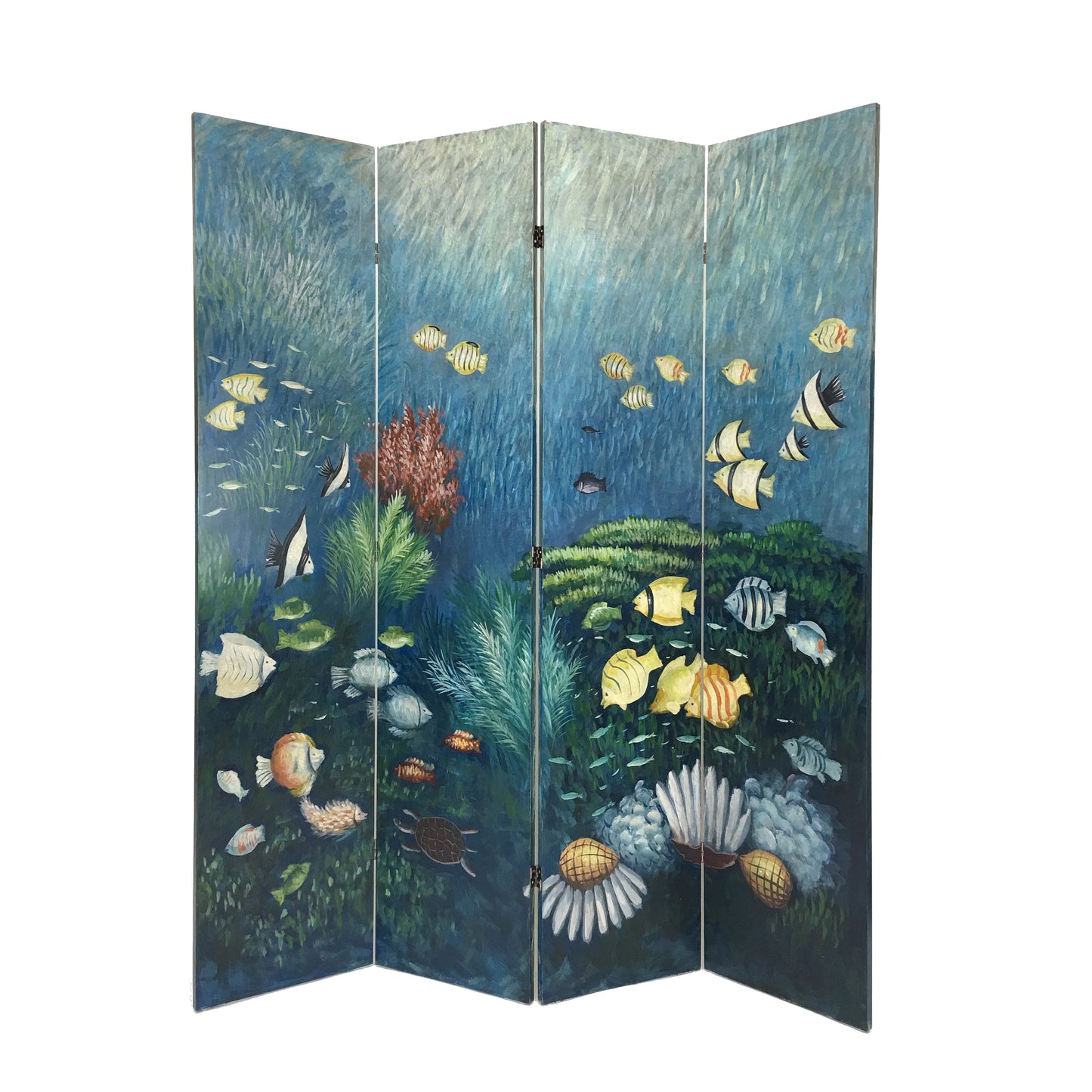Wooden Double Sided 4 Panel Room Divider with Ocean Prints, Multicolor