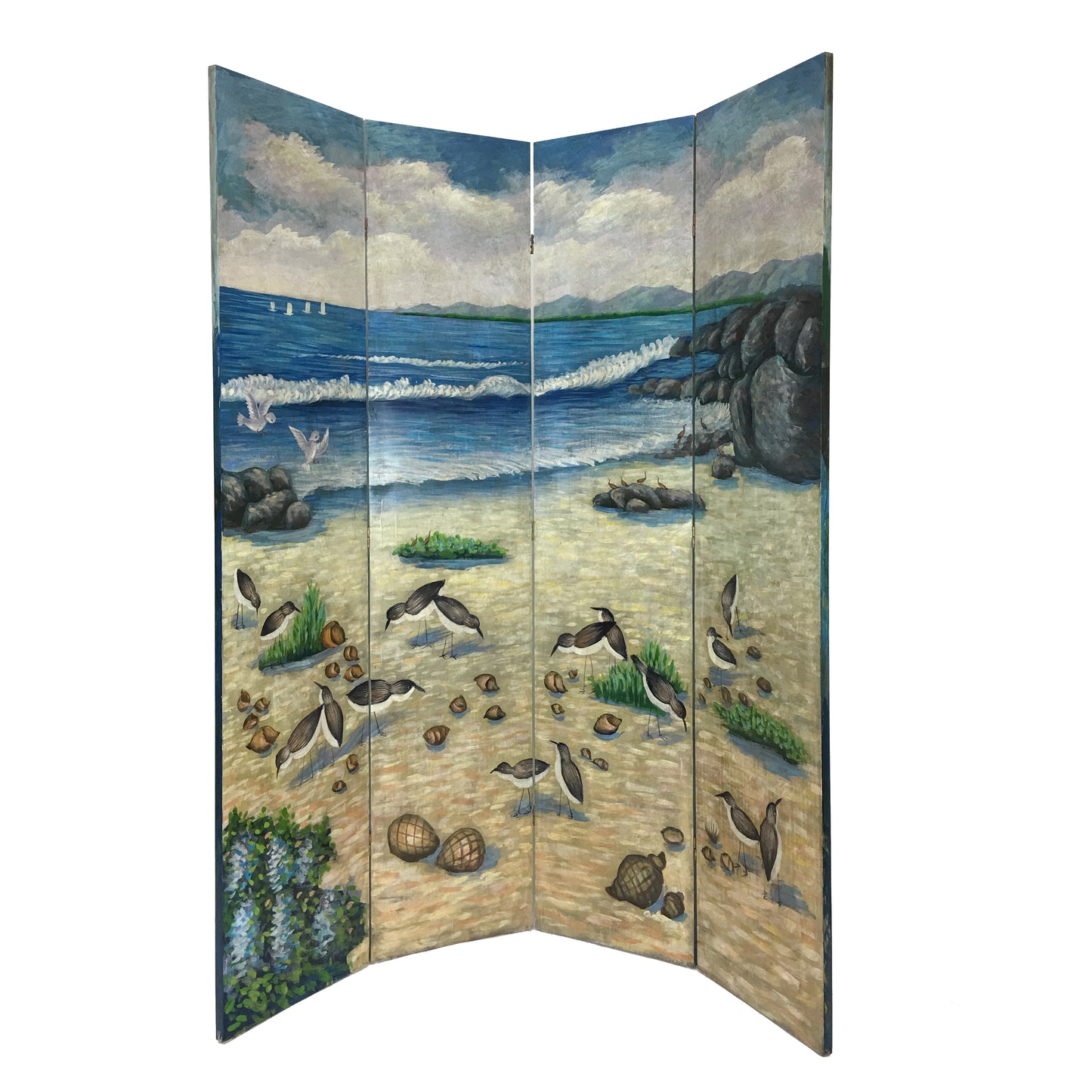 Wooden Double Sided 4 Panel Room Divider with Ocean Prints, Multicolor