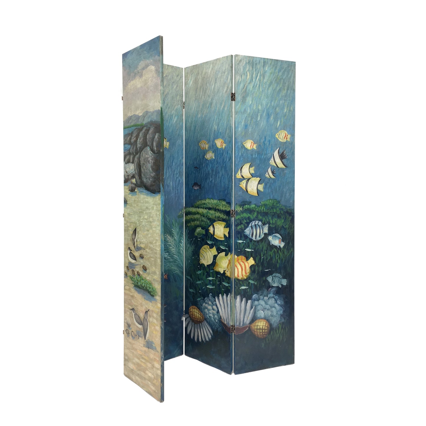 Wooden Double Sided 4 Panel Room Divider with Ocean Prints, Multicolor