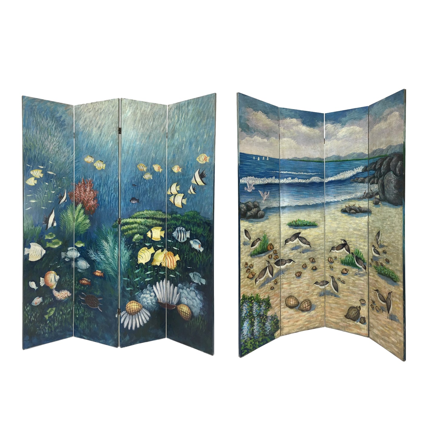 Wooden Double Sided 4 Panel Room Divider with Ocean Prints, Multicolor