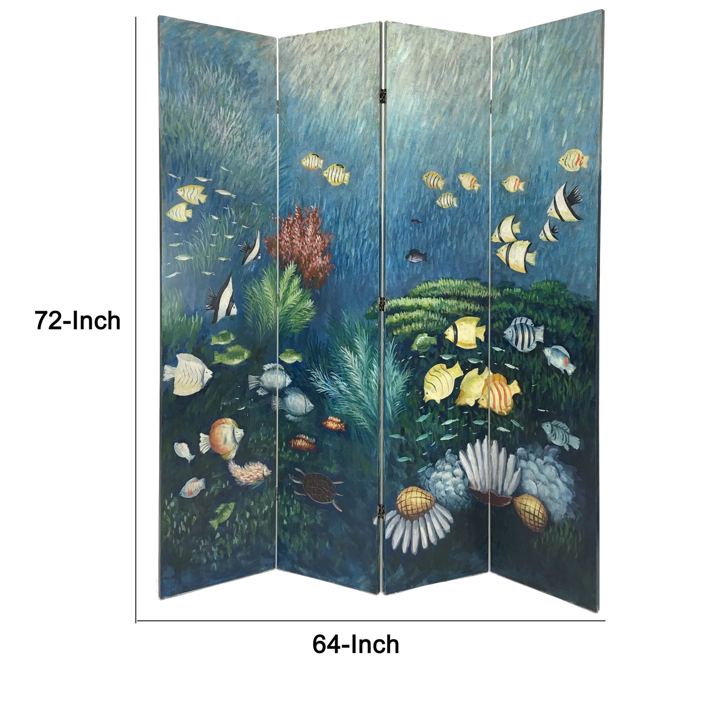 Wooden Double Sided 4 Panel Room Divider with Ocean Prints, Multicolor