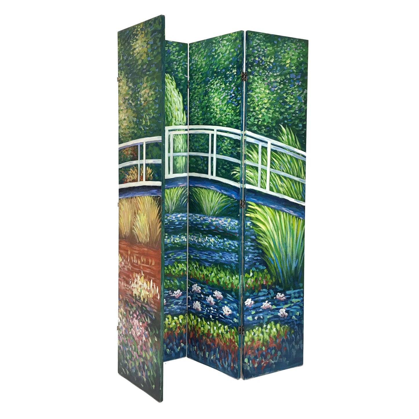 Wooden Double Sided 4 Panel Room Divider with Landscape Scene, Multicolor