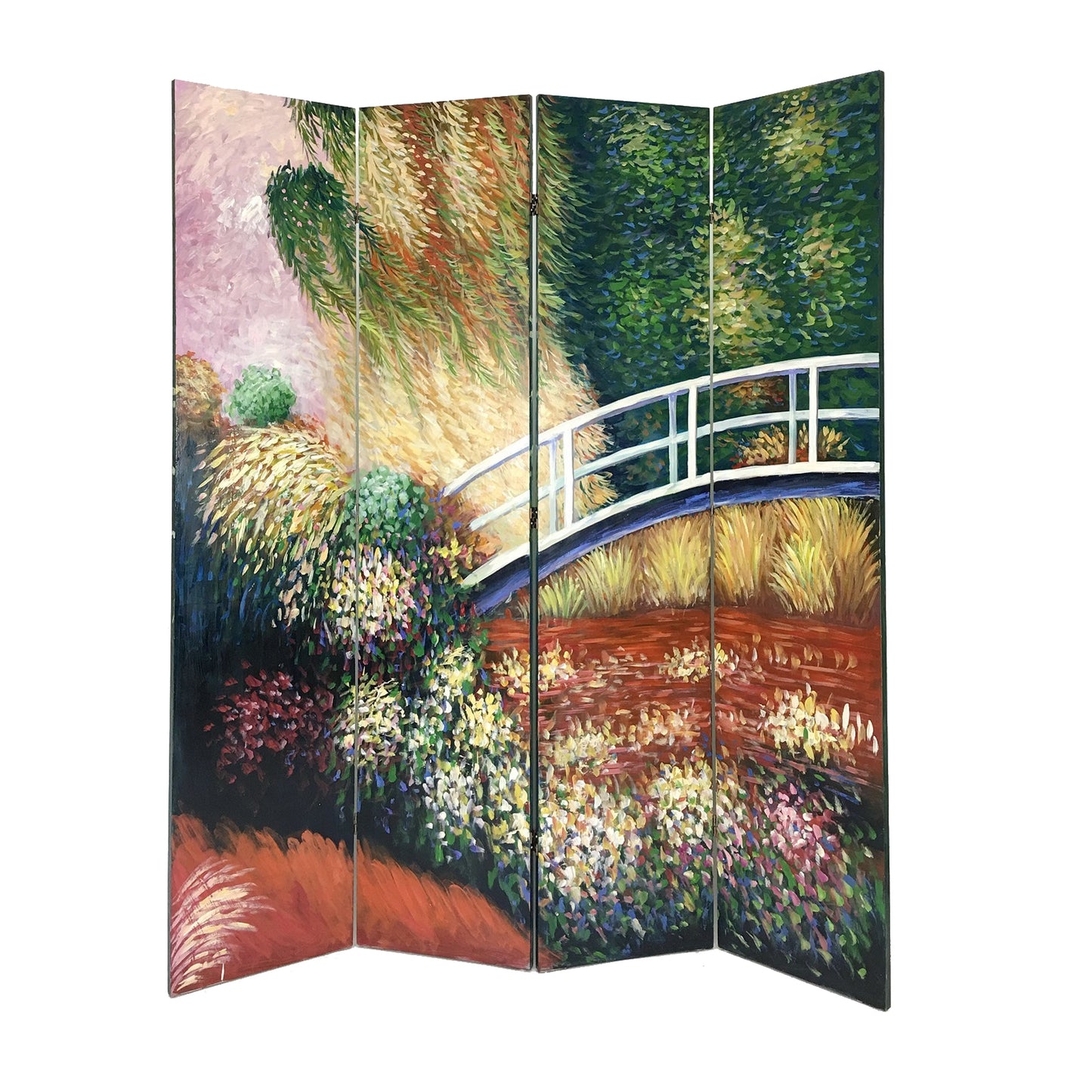 Wooden Double Sided 4 Panel Room Divider with Landscape Scene, Multicolor