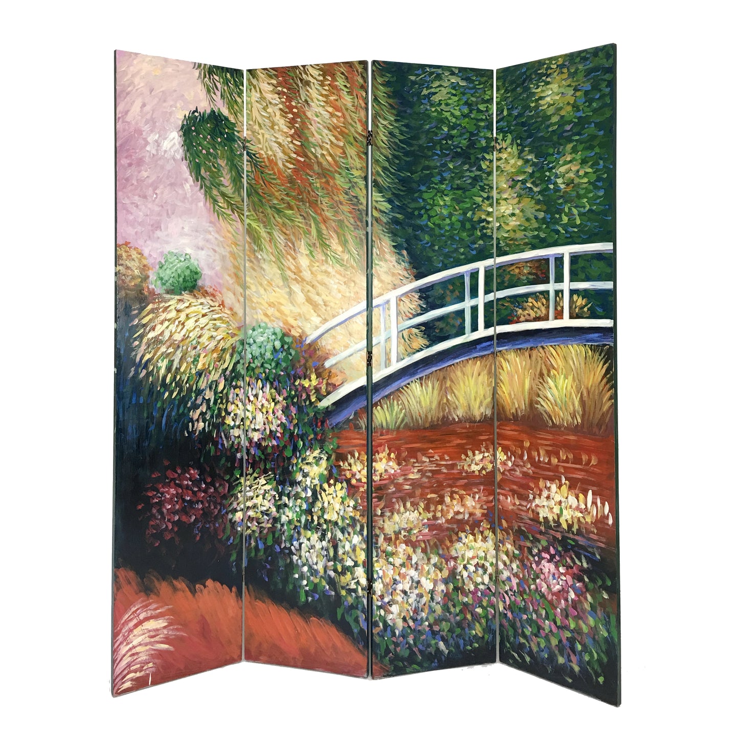 Wooden Double Sided 4 Panel Room Divider with Landscape Scene, Multicolor