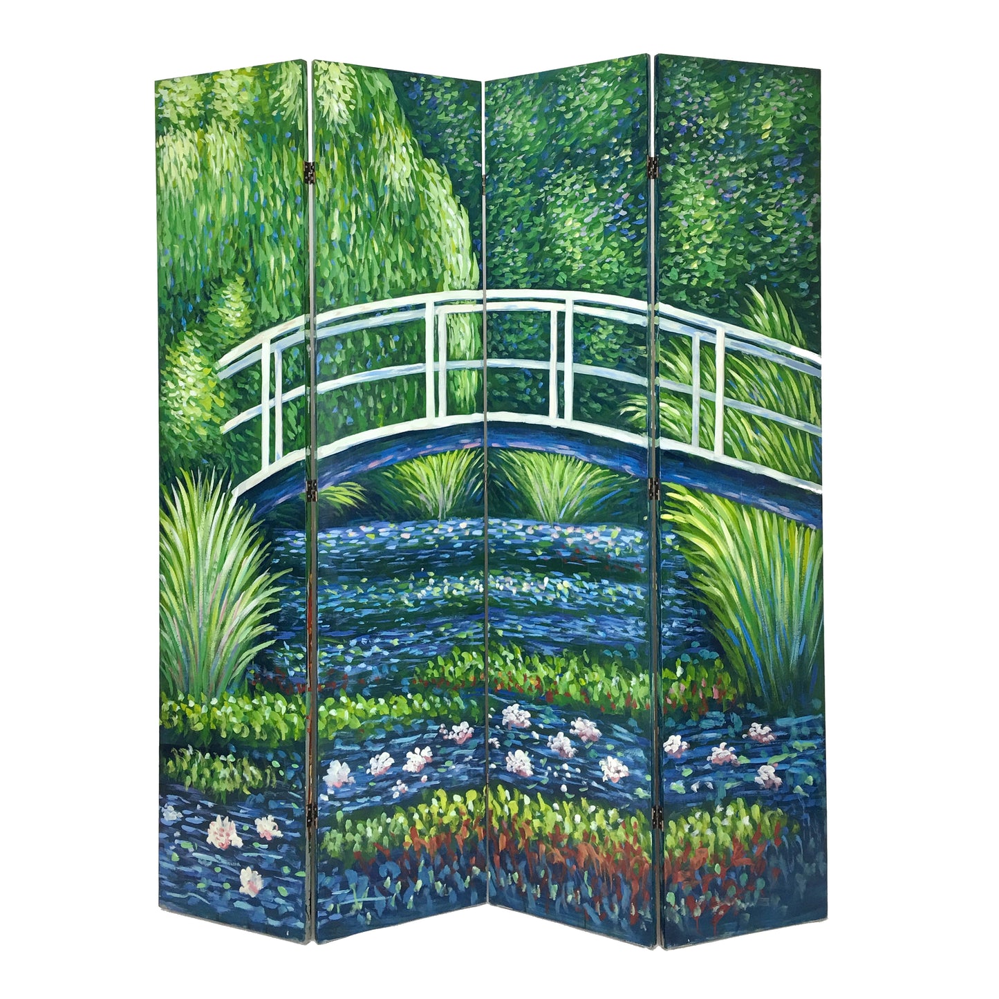 Wooden Double Sided 4 Panel Room Divider with Landscape Scene, Multicolor
