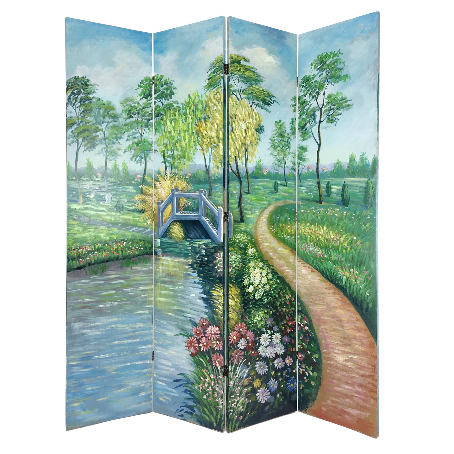 Wooden Double Sided 4 Panel Room Divider with Garden Scenes, Multicolor