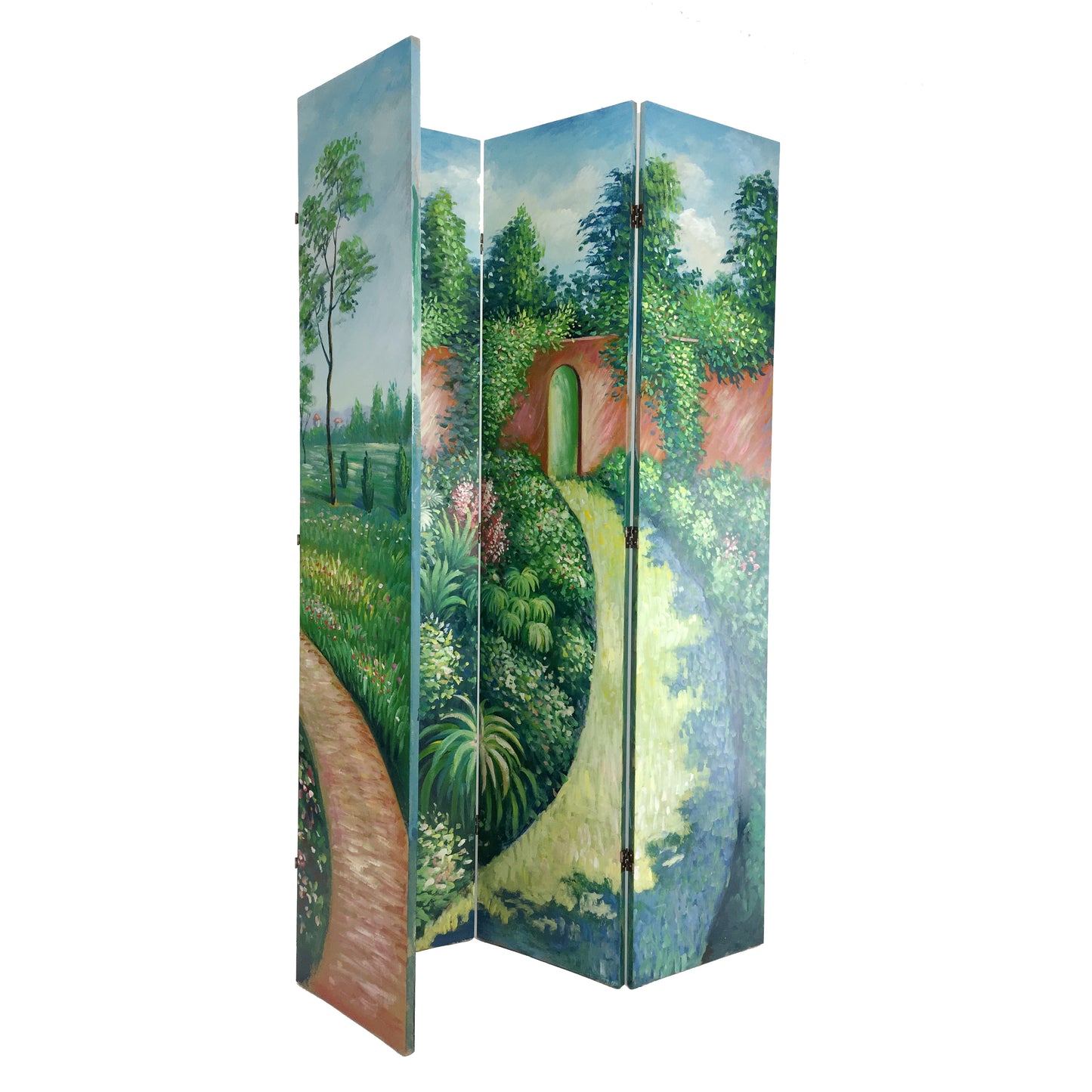 Wooden Double Sided 4 Panel Room Divider with Garden Scenes, Multicolor