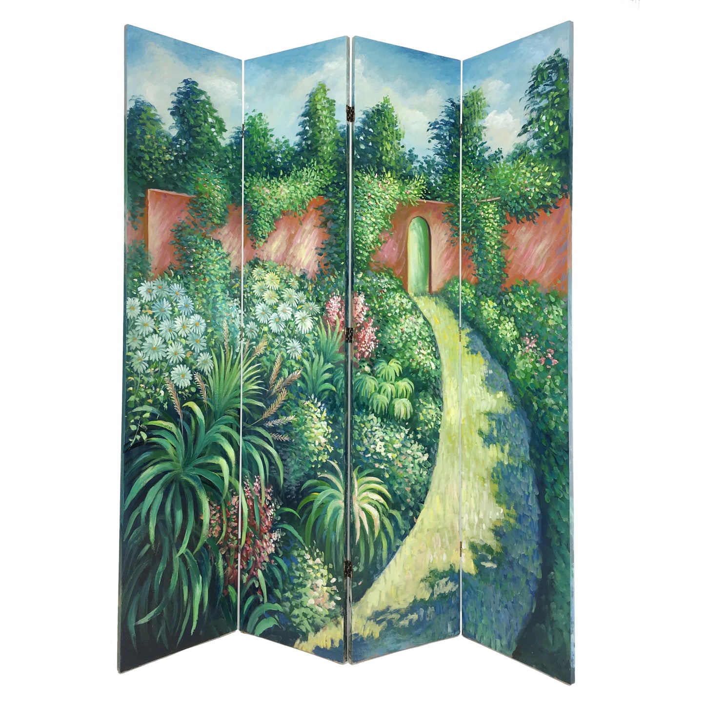Wooden Double Sided 4 Panel Room Divider with Garden Scenes, Multicolor