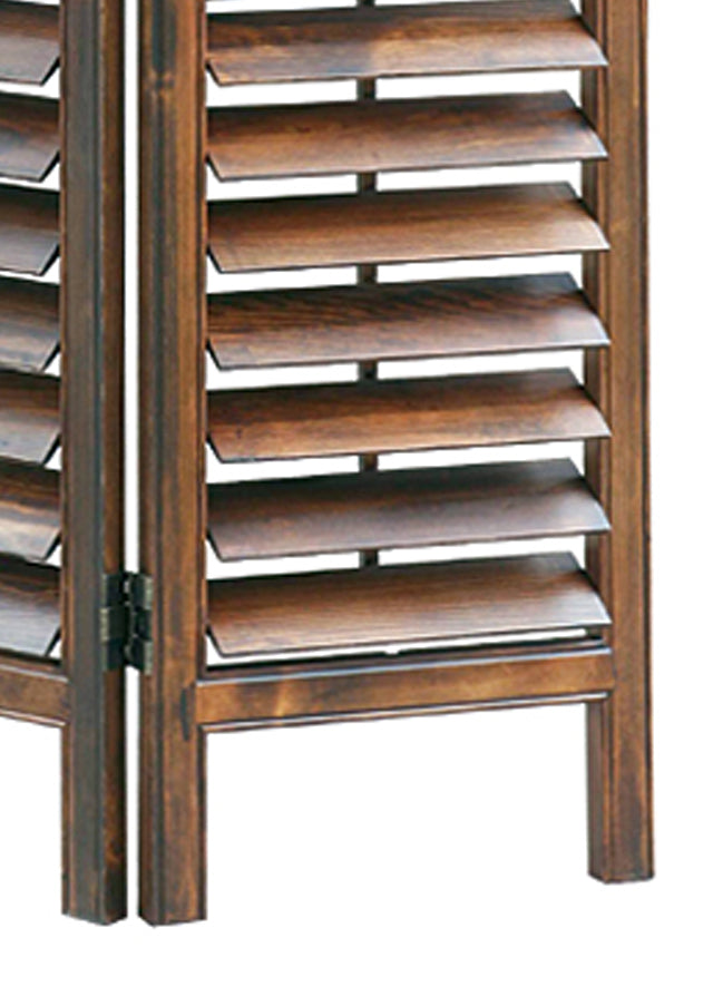 Wooden 3 Panel Room Divider with Slatted Shutter Design, Brown