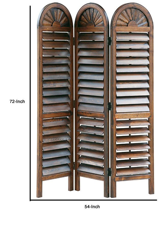Wooden 3 Panel Room Divider with Slatted Shutter Design, Brown