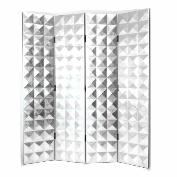 Wooden 4 Panel Room Divider with Raised Geometric Prism Design, Silver