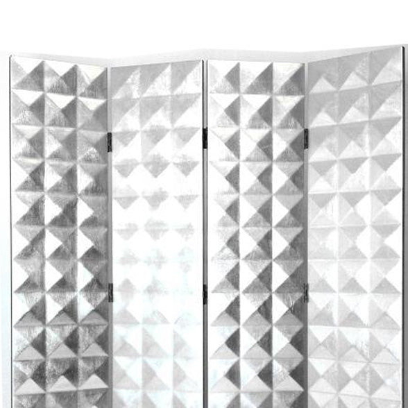 Wooden 4 Panel Room Divider with Raised Geometric Prism Design, Silver