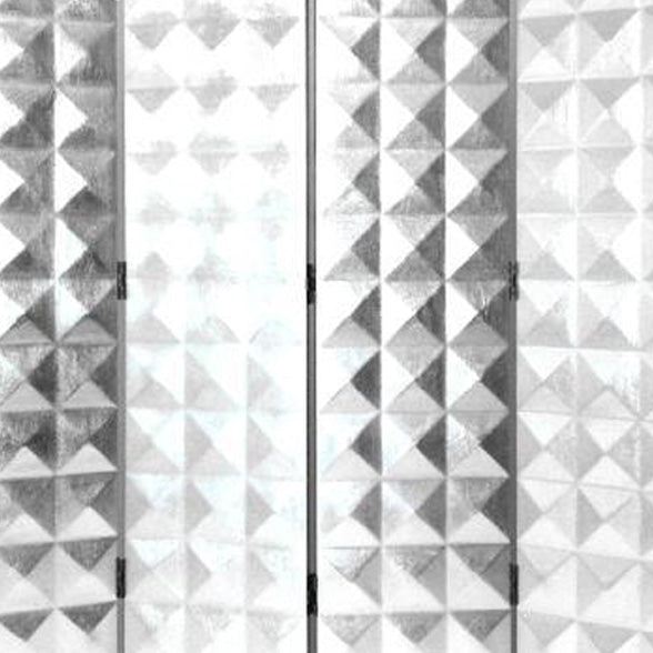 Wooden 4 Panel Room Divider with Raised Geometric Prism Design, Silver
