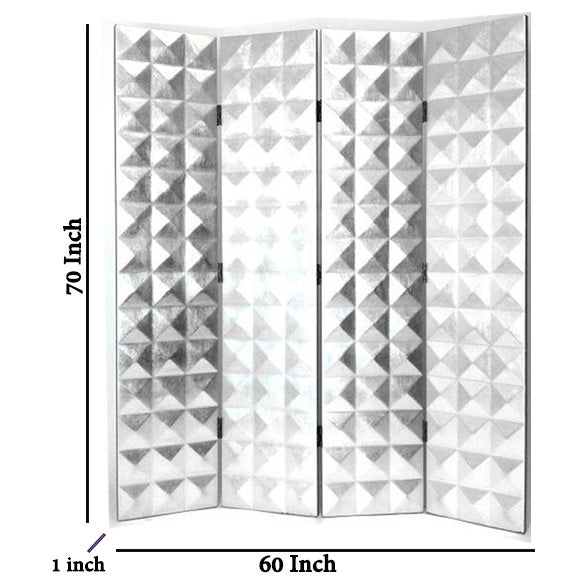 Wooden 4 Panel Room Divider with Raised Geometric Prism Design, Silver