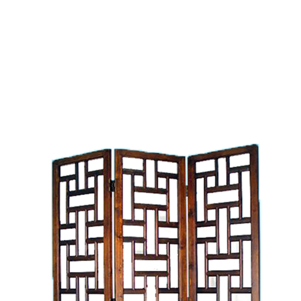 Wooden 3 Panel Room Divider with Cut Out Rectangle Pattern, Brown