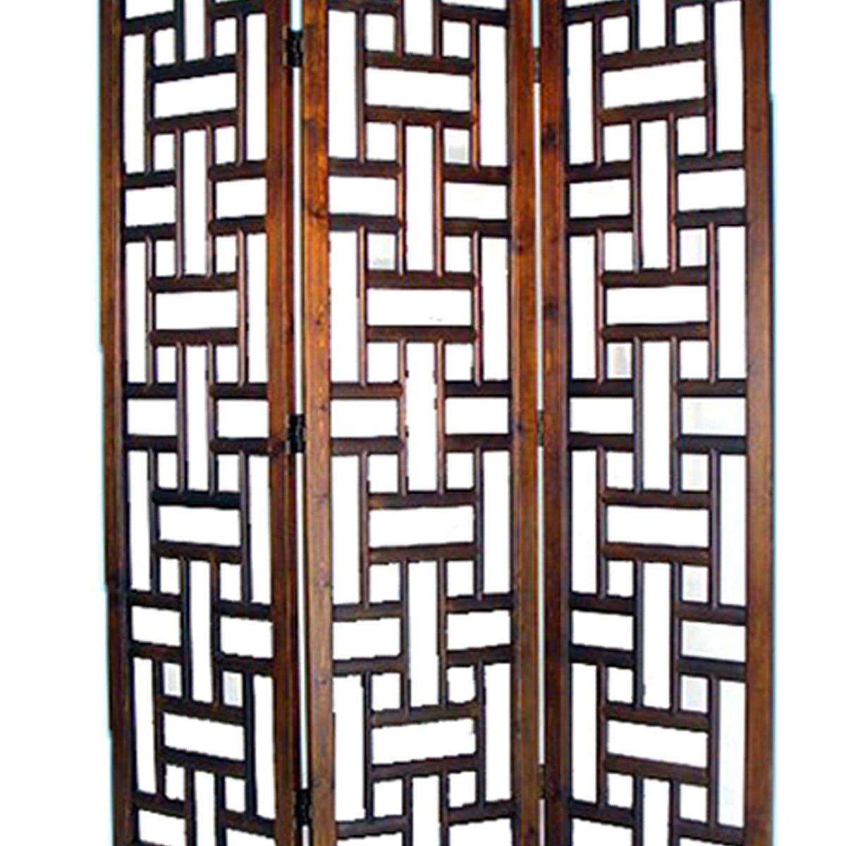 Wooden 3 Panel Room Divider with Cut Out Rectangle Pattern, Brown