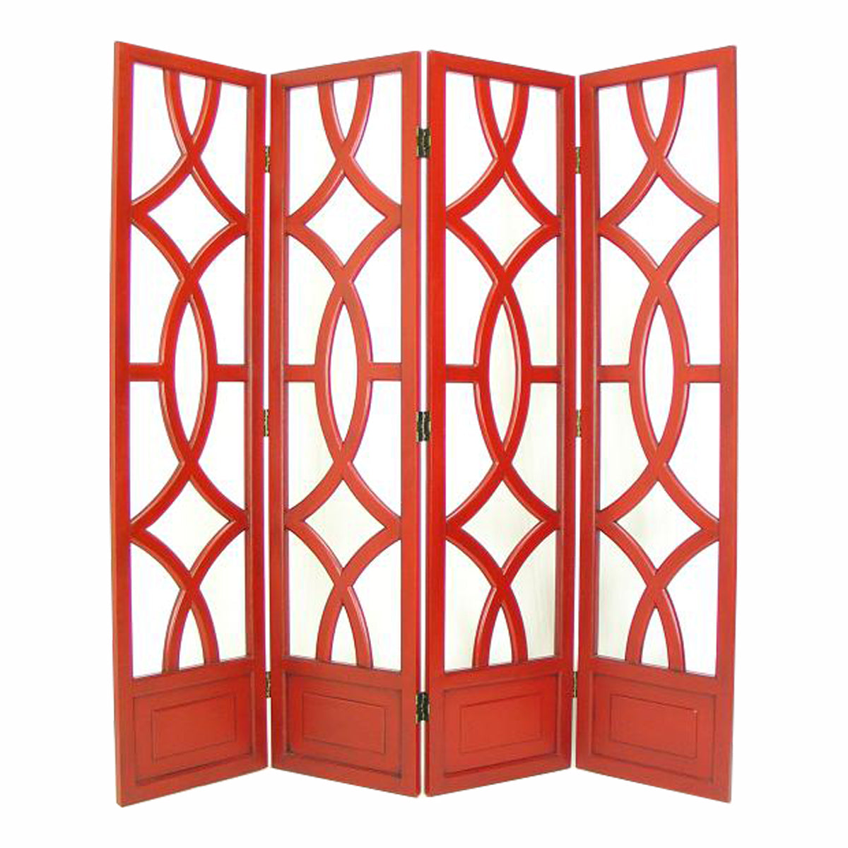 Wooden 4 Panel Room Divider with Open Geometric Design, Red