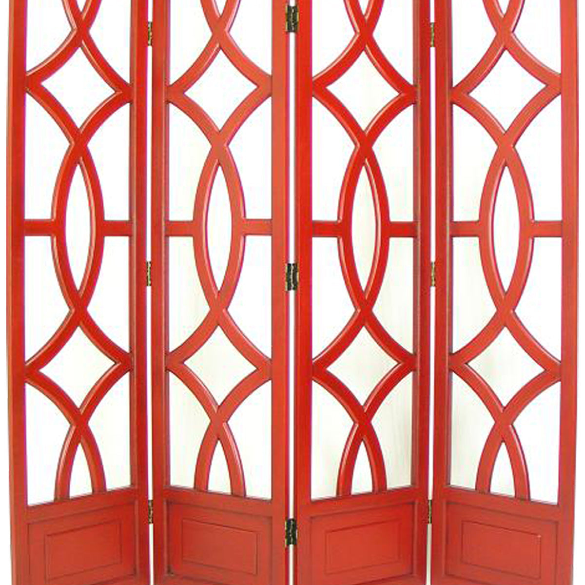 Wooden 4 Panel Room Divider with Open Geometric Design, Red