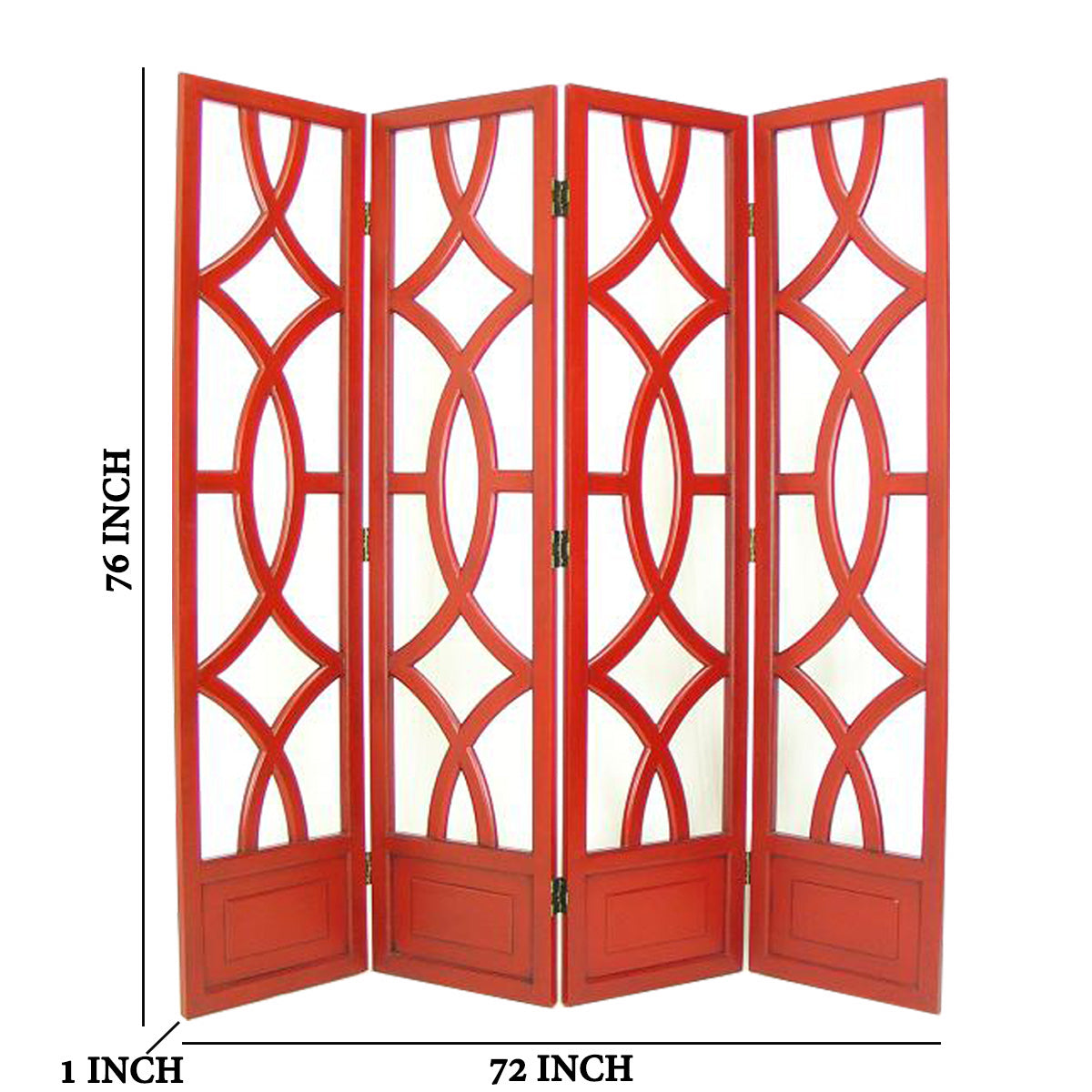 Wooden 4 Panel Room Divider with Open Geometric Design, Red