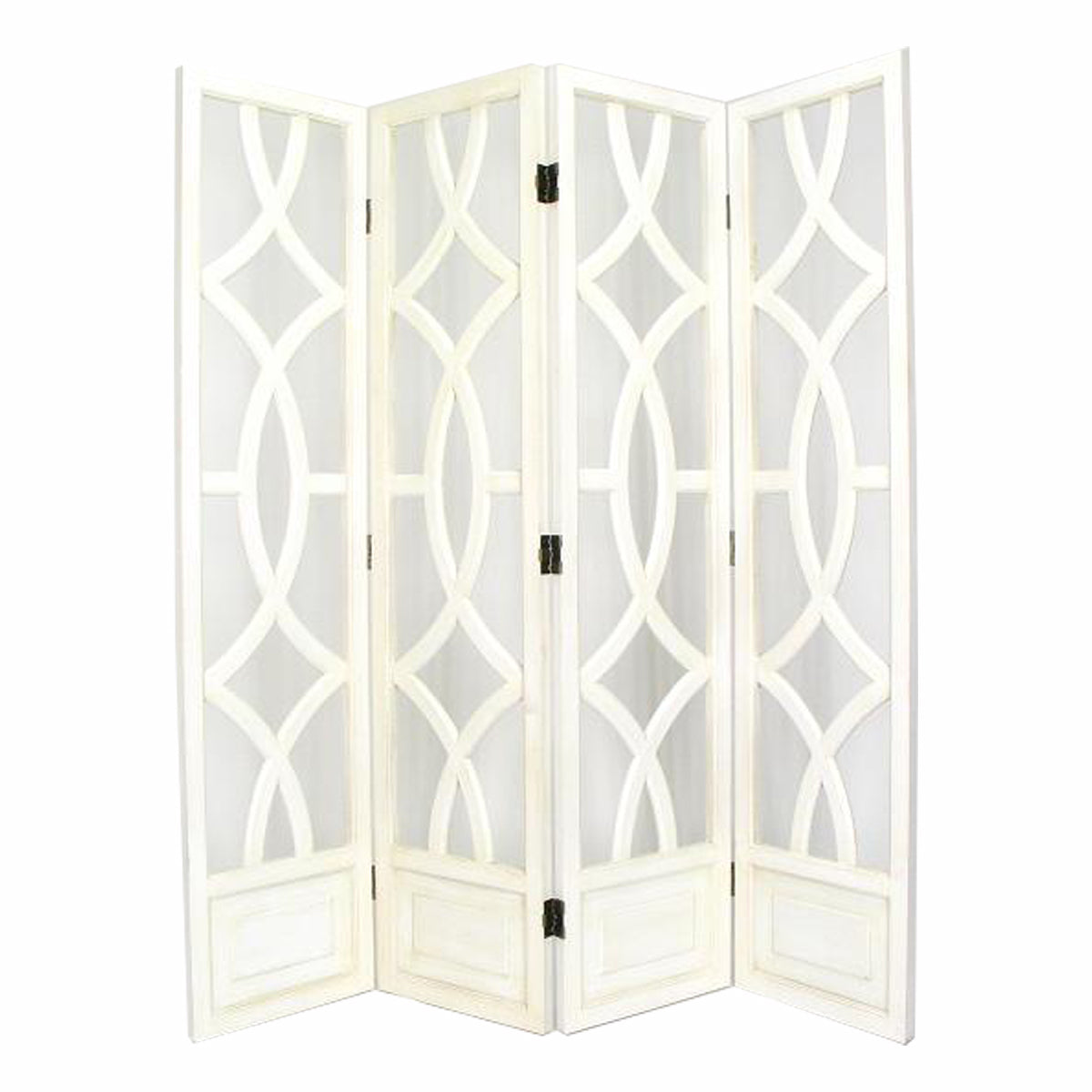 Wooden 4 Panel Room Divider with Open Geometric Design, White