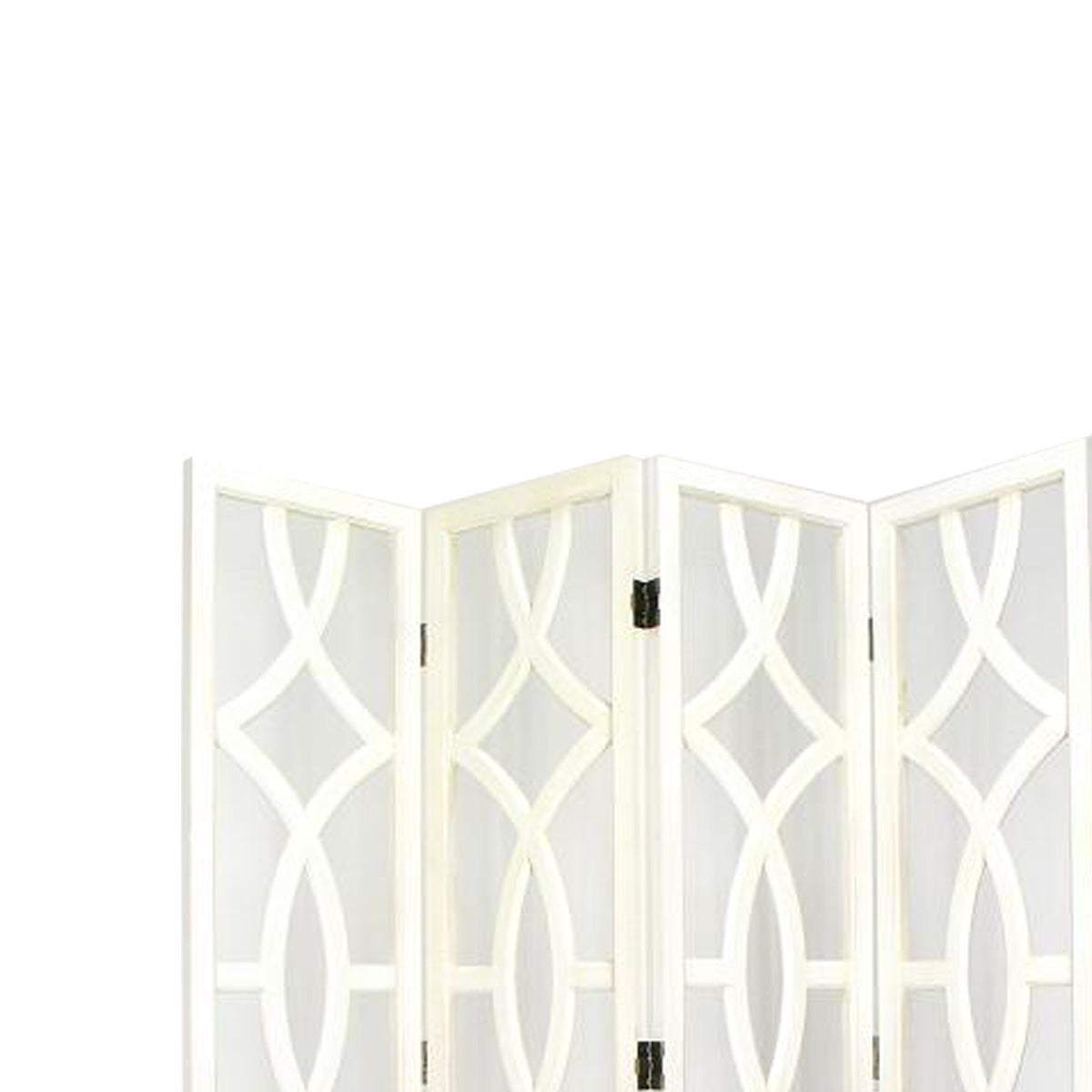 Wooden 4 Panel Room Divider with Open Geometric Design, White