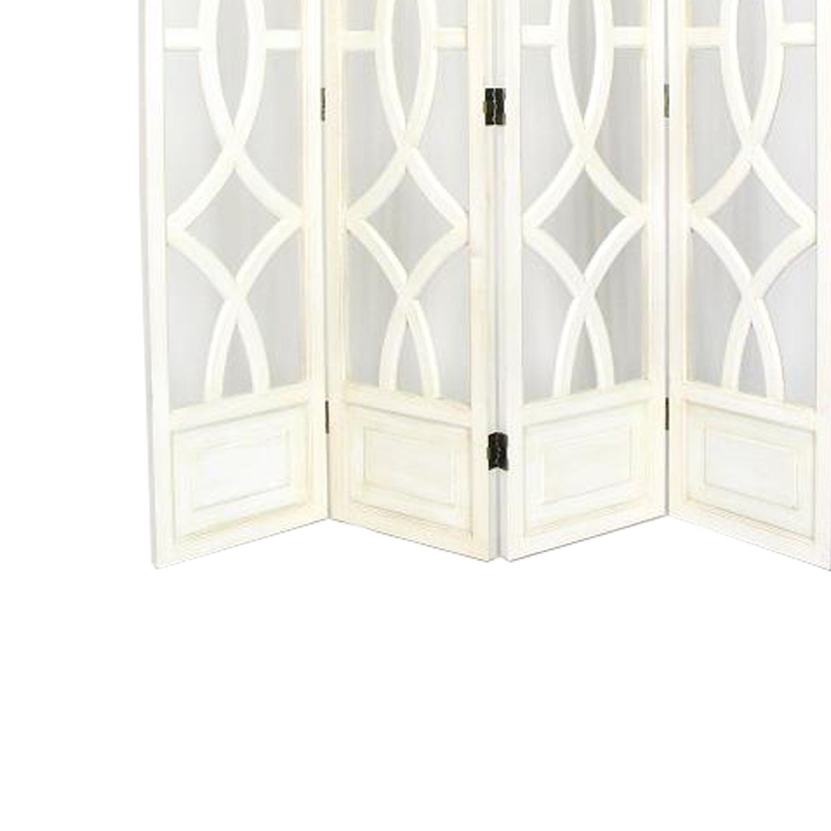 Wooden 4 Panel Room Divider with Open Geometric Design, White