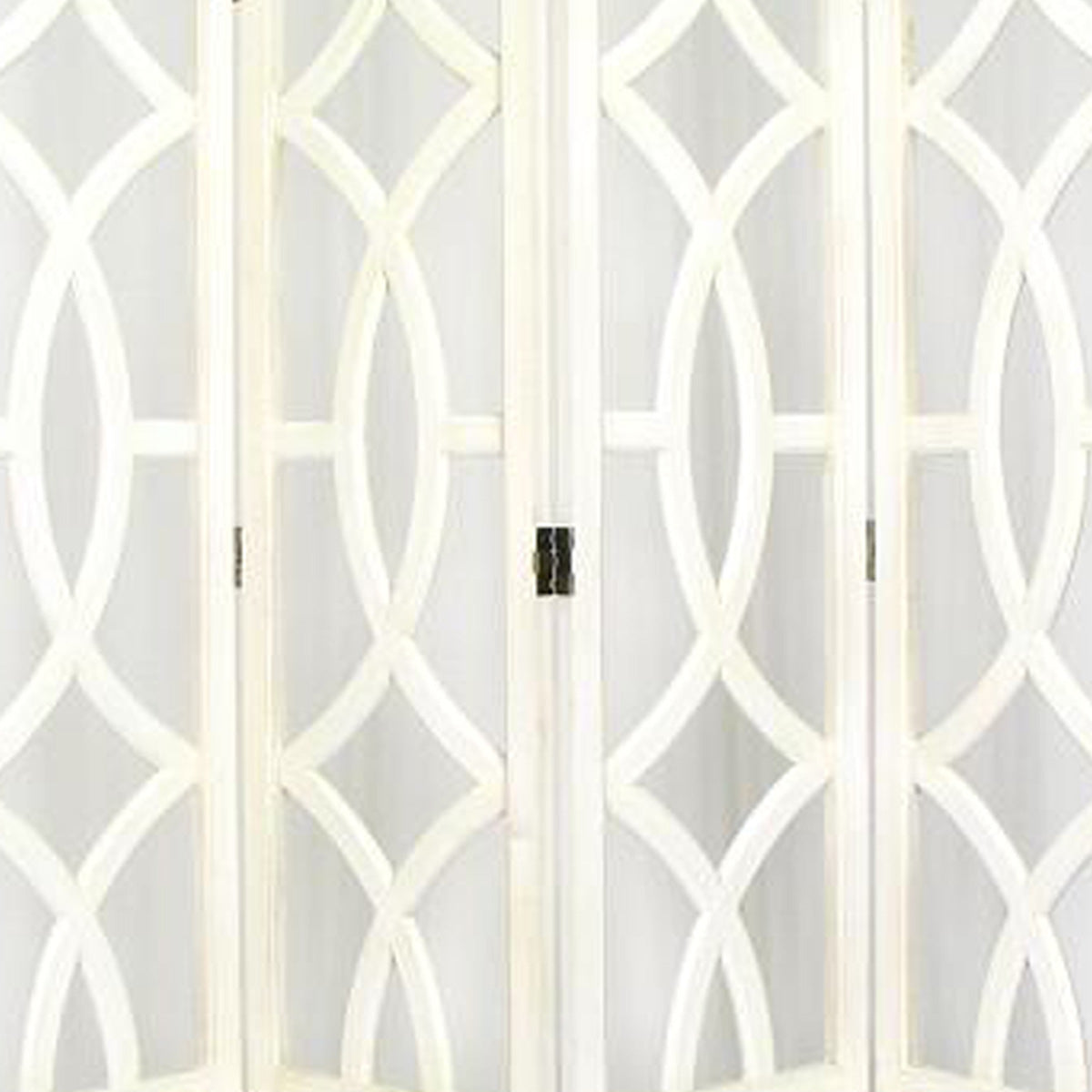 Wooden 4 Panel Room Divider with Open Geometric Design, White