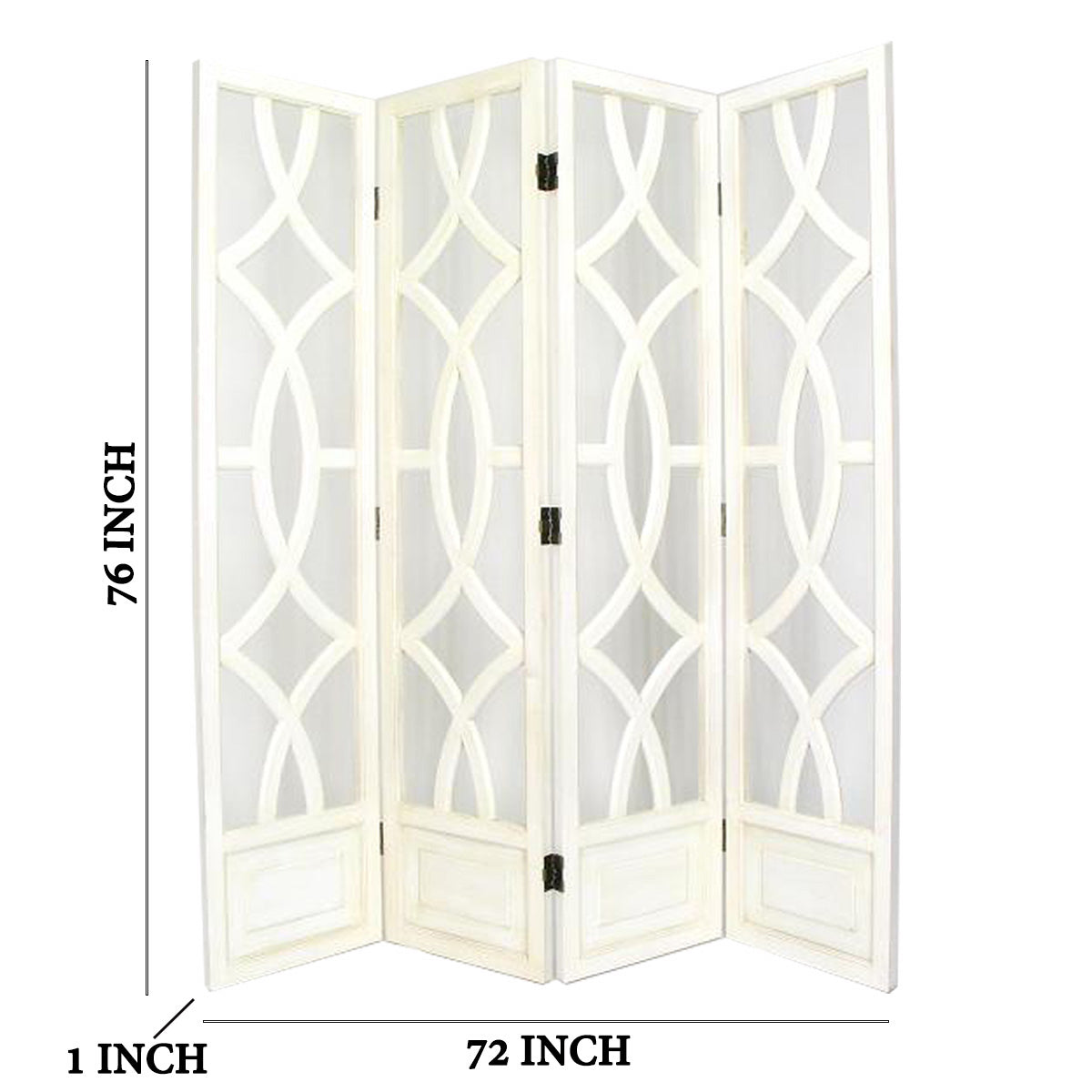 Wooden 4 Panel Room Divider with Open Geometric Design, White