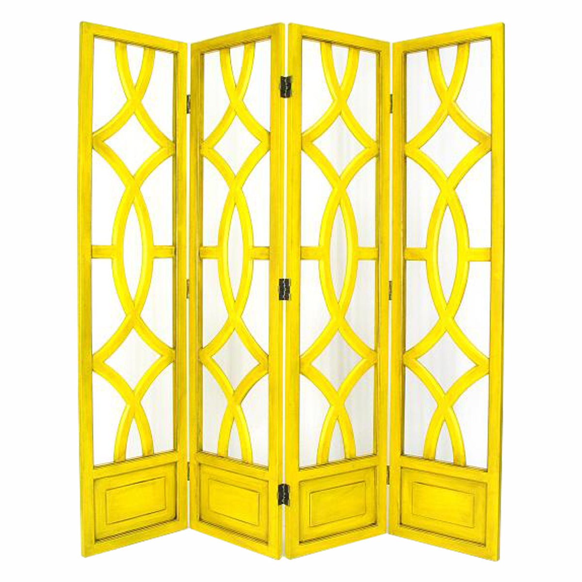 Wooden 4 Panel Room Divider with Open Geometric Design, Yellow