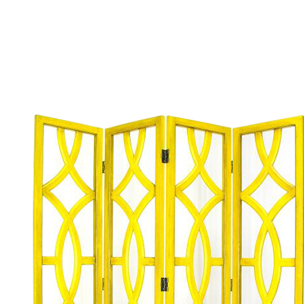 Wooden 4 Panel Room Divider with Open Geometric Design, Yellow