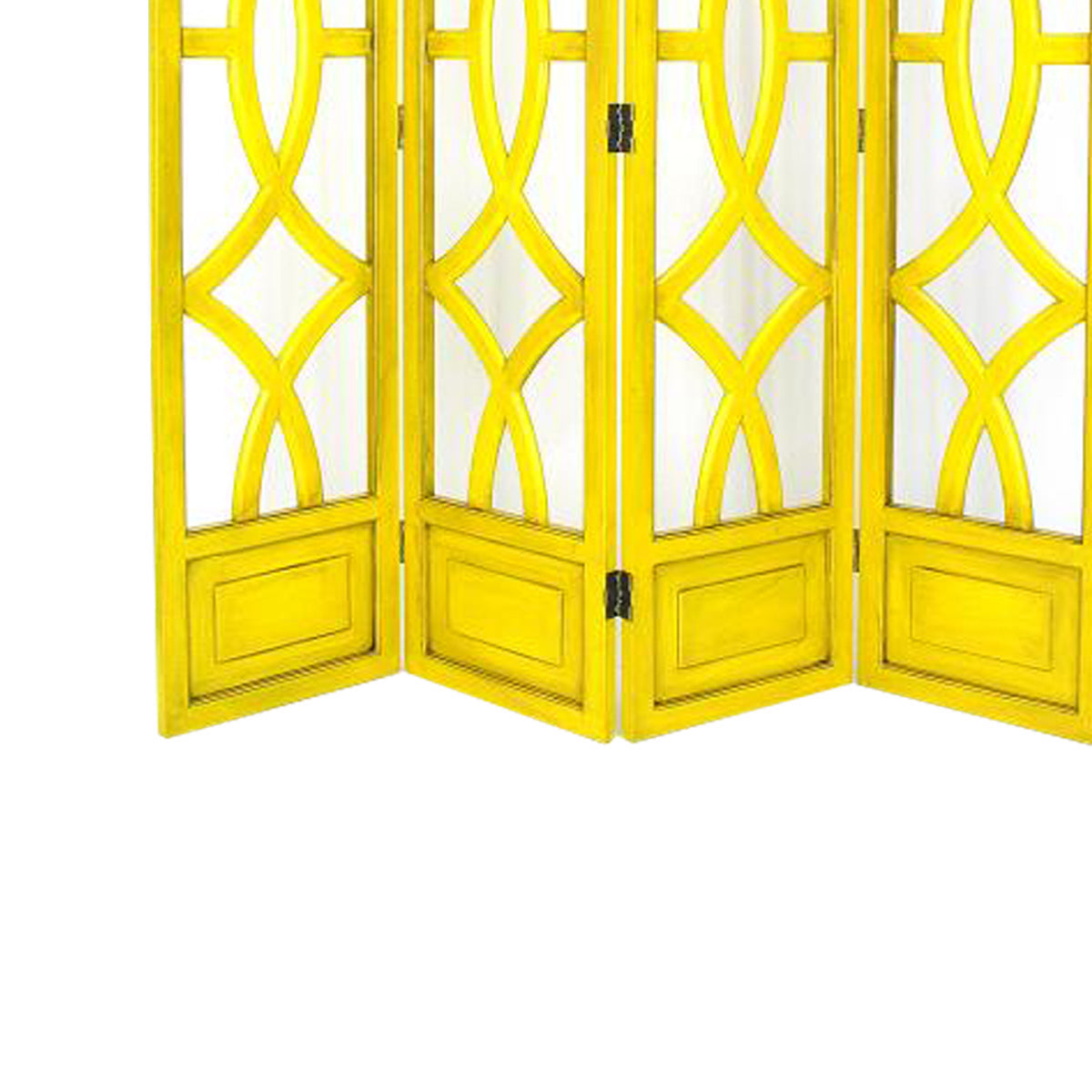 Wooden 4 Panel Room Divider with Open Geometric Design, Yellow