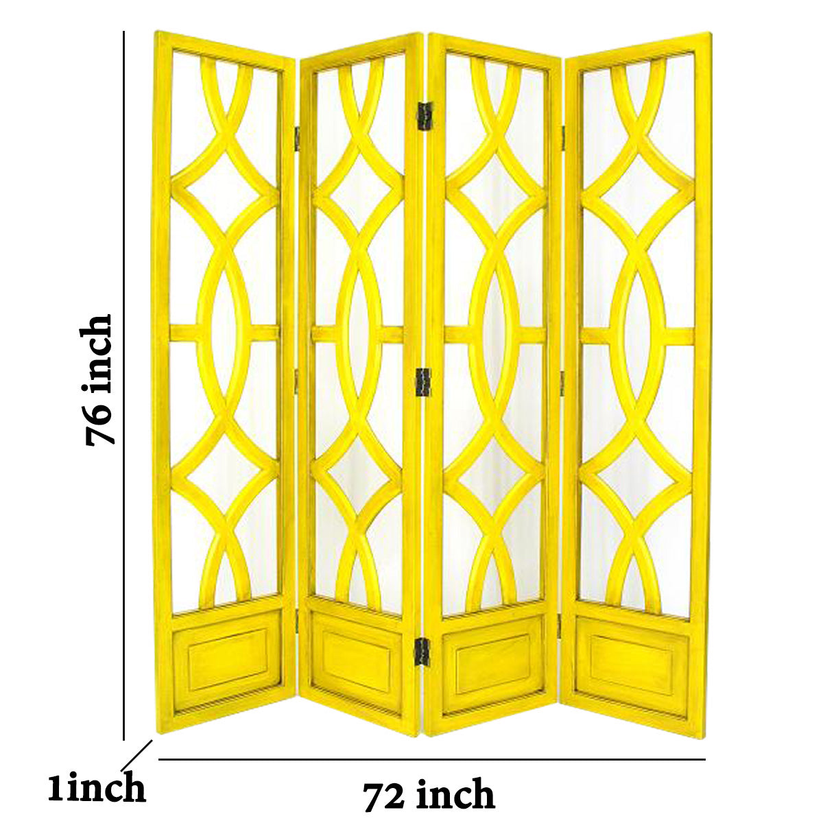 Wooden 4 Panel Room Divider with Open Geometric Design, Yellow