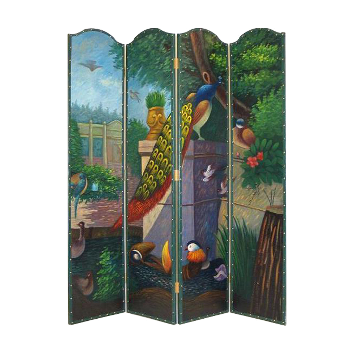 Leatherette Wooden 4 Panel Room Divider with Peacock Motif, Multicolor