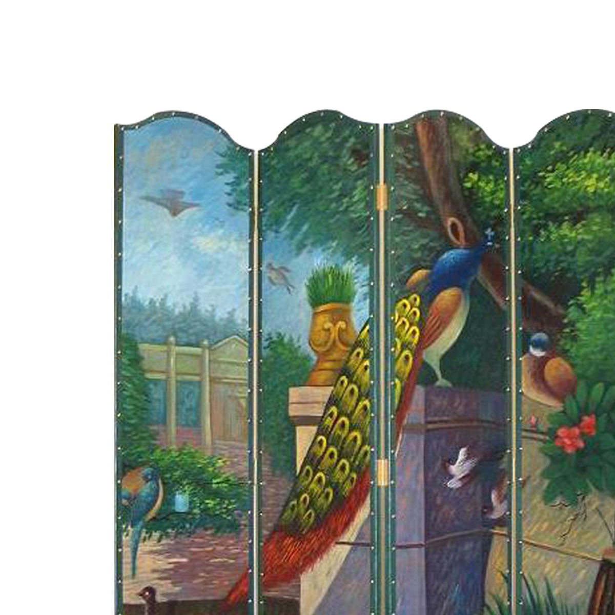 Leatherette Wooden 4 Panel Room Divider with Peacock Motif, Multicolor