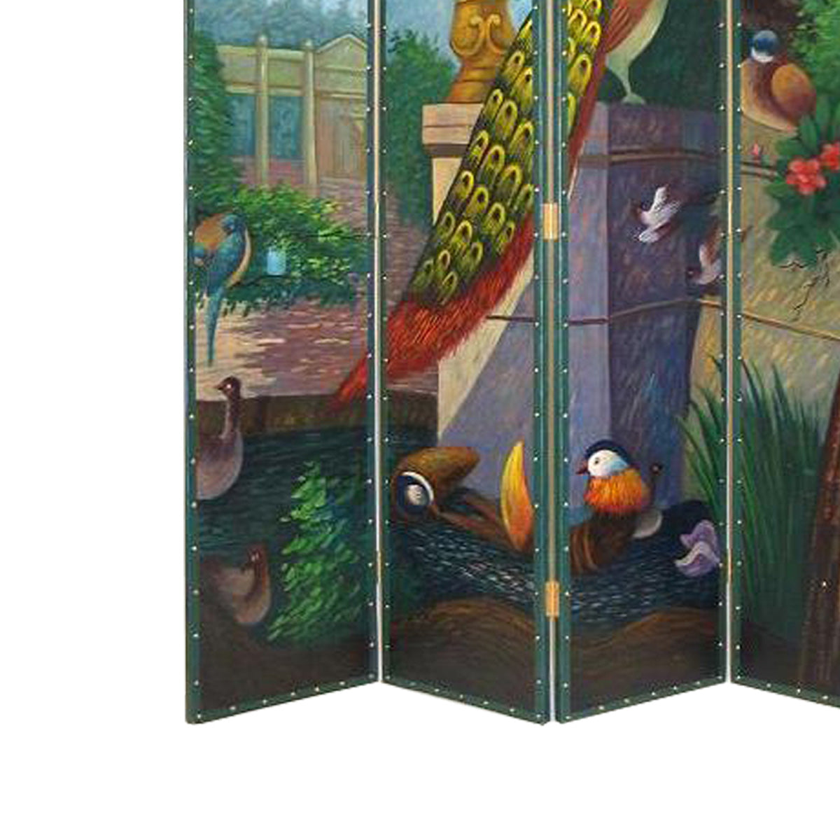 Leatherette Wooden 4 Panel Room Divider with Peacock Motif, Multicolor