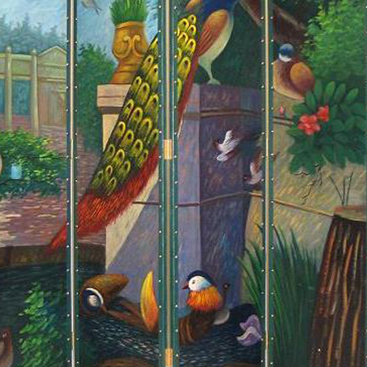 Leatherette Wooden 4 Panel Room Divider with Peacock Motif, Multicolor