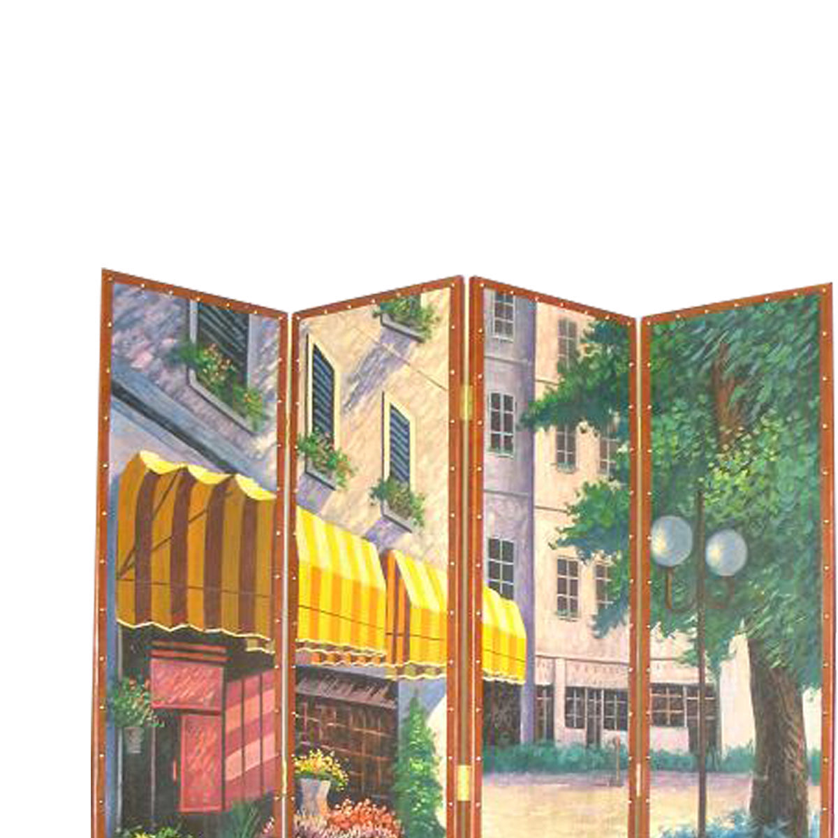 Leatherette Wooden 4 Panel Room Divider with Flower Market Theme,Multicolor