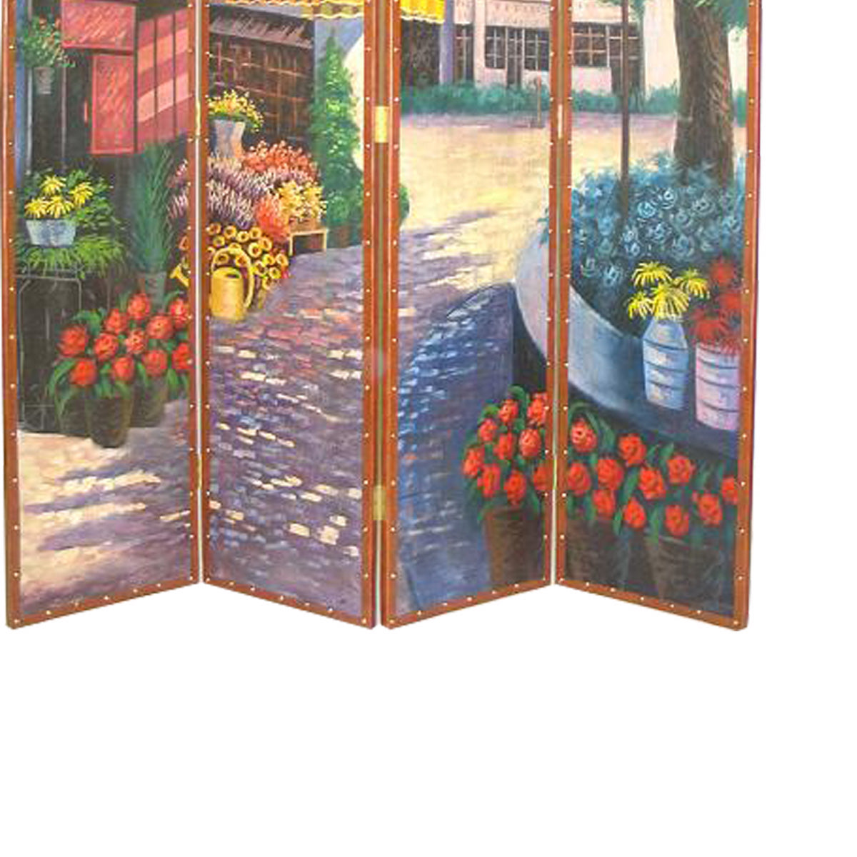 Leatherette Wooden 4 Panel Room Divider with Flower Market Theme,Multicolor