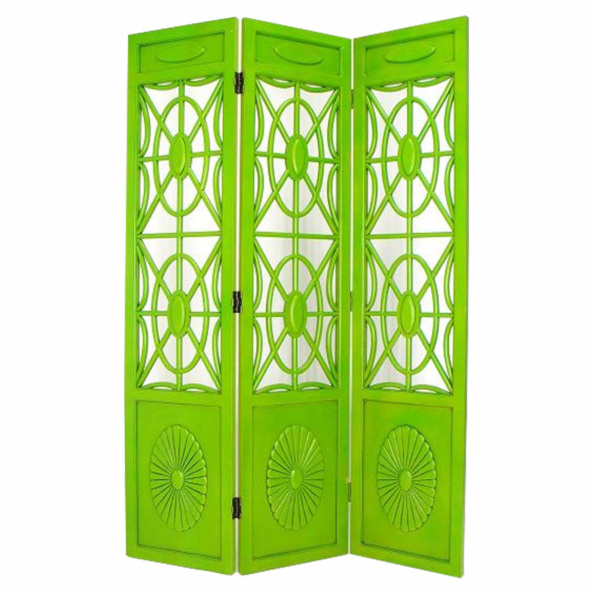 Wooden 3 Panel Room Divider with Open Geometric Design, Green