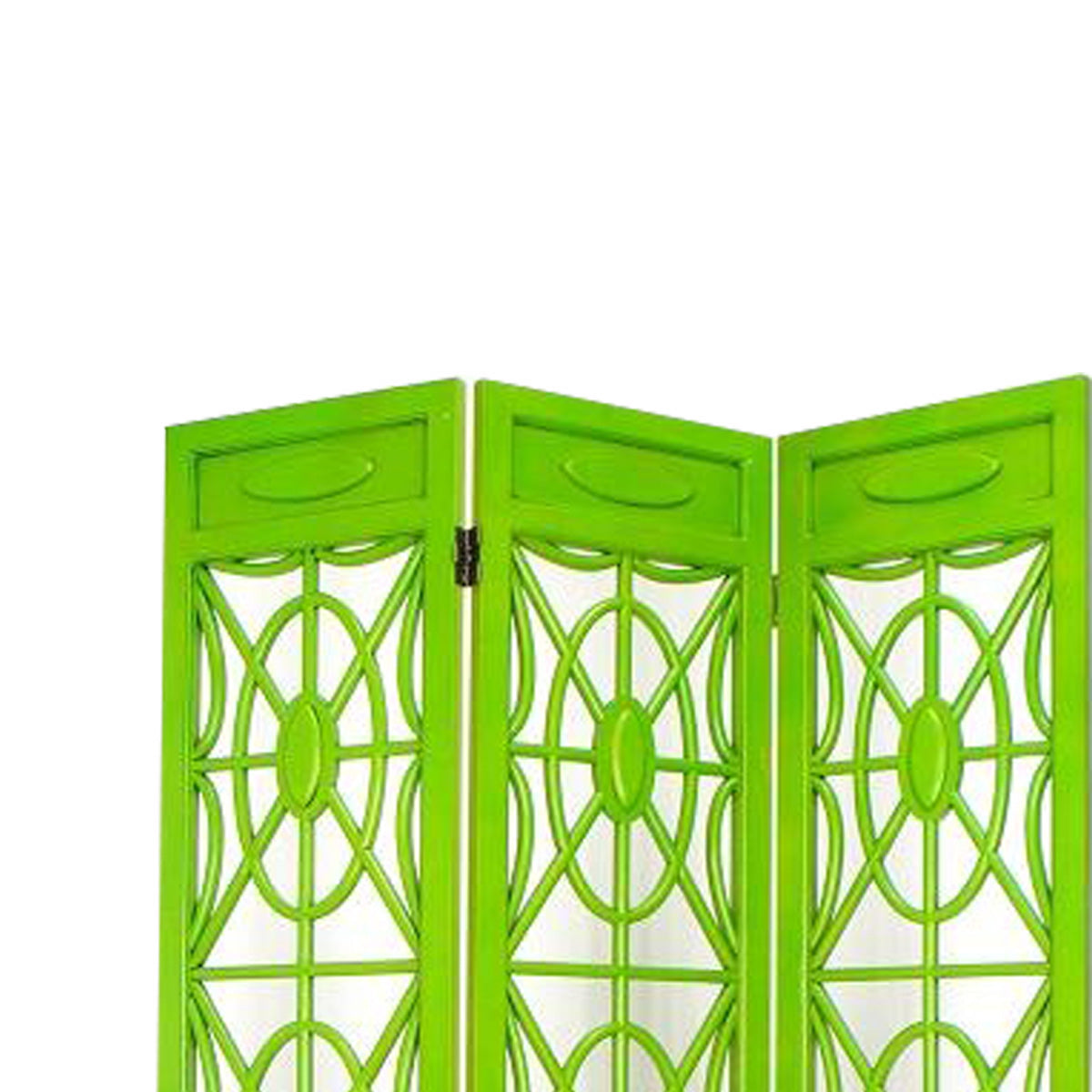 Wooden 3 Panel Room Divider with Open Geometric Design, Green